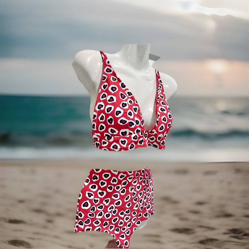 J Crew Hearts Woman Red/white Swimsuit 2 Piece Bikini Set Printed Hearts Medium - Picture 4 of 12